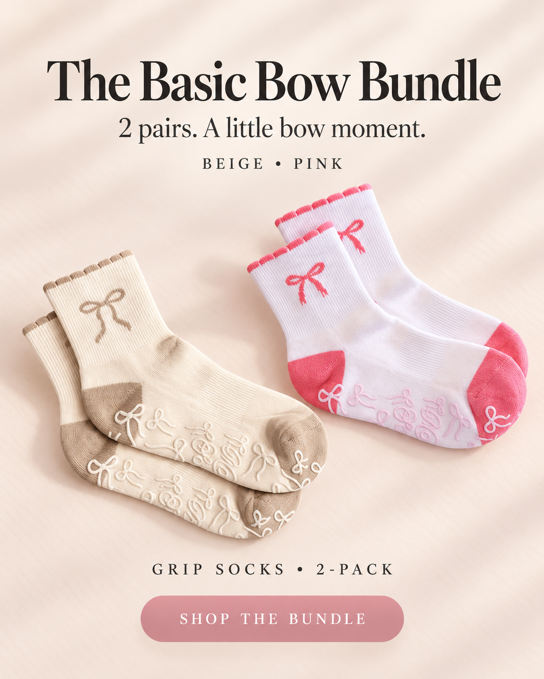 The Basic Bow Bundle promotional image featuring pink and beige grip socks