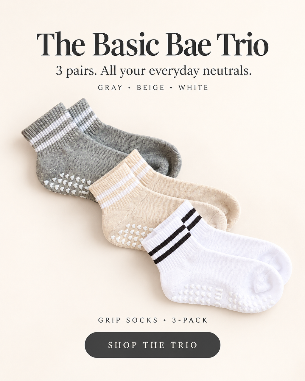 Basic Bae grip socks in gray, beige, and white with striped cuffs